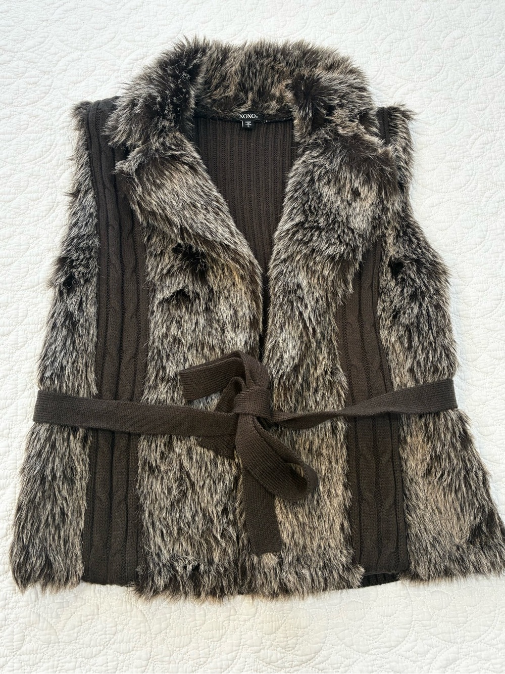 2000s XOXO Y2K Brown Faux Fur Knit Vest Women's Large Ribbed Tie Belt